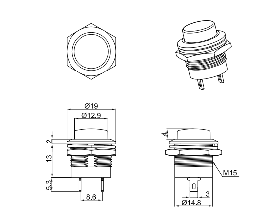 AC250V 3A 16mm 2 pin SPST Momentary push button switch.png